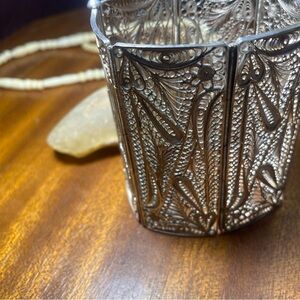 Vintage Silver Filigree Panel Bracelet 7” Thread Pin Closer